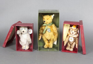 Steiff, a Steiff Club 1993/4 teddy bear - Clown Bear serial no.4099 together with a ditto 1992/3 Bear, no certificates, both contained in red boxes together with a Steiff Harrods limited edition musical bear no.897 of 2000 boxed (cellophane to lid missing) and with certificate 