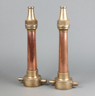 Merryweather & Sons, a pair of copper and brass fire hose nozzles 42cm x 15cm (one with slight dent)