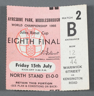 A ticket from the 1966 World Cup, Group 4 match between North Korea and Chile, held on Friday 15th 1966 at Ayresome Park Middlesbrough, row 12, seat 44 (North Korea 1, Chile 1) 