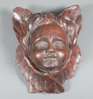 A 19th Century carved oak plaque in the form of a cherubs head 23cm x 18cm  