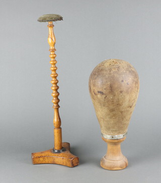 A 19th Century turned beech hat/wig stand with bobbin turned decoration raised on a triform base 51cm x 18cm, together with a mannequin head on wooden stand  