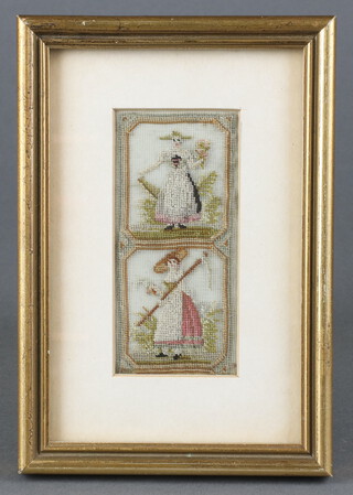 Two miniature 19th Century stitch work panels of 18th Century lady farmers 8cm x 4cm 