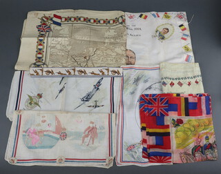 A First World War cloth panel/handkerchief decorated a lady in khaki 30cm, a silk handkerchief decorated map of Belgium and France (holed) and a fabric panel decorated the lyrics and music to a Long Way to Tipperary 