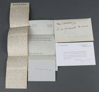 A typed compliment letter from Rudyard Kipling with enclosed signature dated December 1935, together with signed compliment card from Sir John Betjeman 