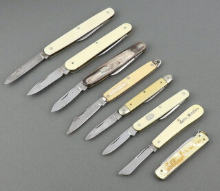 William Rodgers a twin bladed folding pocket knife with stag grip 7cm, Eye Witness folding pocket knife with simulated ivory handle, ditto Butler, 2 unmarked twin bladed pocket knives with simulated ivory grips, 3 single bladed fruit knives with simulated ivory grips 