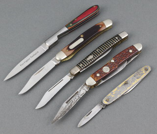 Imperial Stainless an American twin bladed pocket knife with stripy grip 7cm, E K A Sweden a twin bladed pocket knife with decorative grip 5cm, Boker an American 3 bladed pocket knife with stag horn grip (blade slightly rusted) 6cm (grip damaged), Schrade an American singled plated pocket knife with simulated horn grip marked Old Timer and 1 other marked Fire Fighter Toothpick with polished wooden grip 7cm 