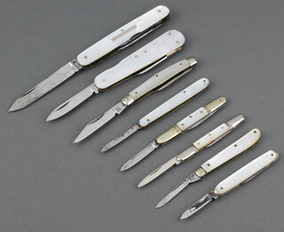 Humphreys a twin bladed folding pocket knife with nail file 7cm and 4 twin handled pocket knives, 2 single bladed pocket knives all with mother of pearl handles and a multi bladed folding pocket knife with spike and simulated mother of pearl handle 