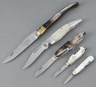 J B & Son a double bladed folding pocket knife with corkscrew and pick and 4cm mother of pearl grip, 1 other double bladed with button hook, cork screw and spike, a Continental multi bladed knife with mother of pearl effect grip, a Laguiloe French folding single bladed knife with horn grip and a multi bladed knife with simulated horn grip  