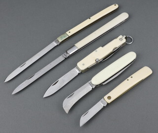 Rodgers a twin bladed pruning knife, a Gerson and Co pocket knife, a Rostford pocket knife, a budding knife the blade marked C.K and a French multi bladed folding knife the blade marked MP all with simulated ivory grips 