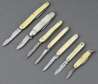 Four unmarked folding pocket knives 5cm, a Walker & Co a twin bladed pocket knife and 2 others unmarked, all with simulated ivory handles 
