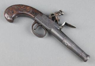 J Richards of London, an 18th Century flintlock screw-off cannon barrel pistol with 6cm cannon barrel having London proof marks and with walnut inlaid silver grip 