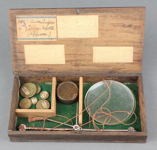 A pair of 18th/19th Century steel and glass gold scales with 6 weights contained in an oak box with hinged lid 