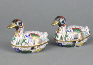 A pair of Japanese cloisonne enamelled trinket boxes in the form of seated ducks 7cm x 6cm x 4cm 