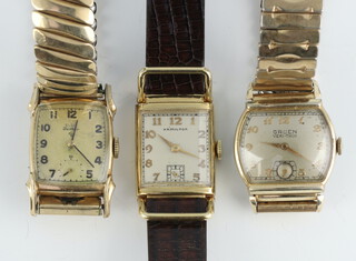 An Art Deco gilt cased Hamilton wristwatch with seconds at 6 o'clock together with a Gruen and an Elgin wristwatch 