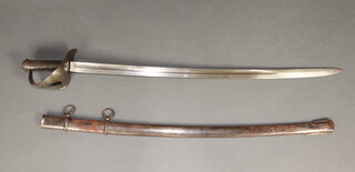 An 1860 Italian heavy cavalry sword by A & E Holler Solingen Germany, the plain blade marked A & E H, complete with scabbard 