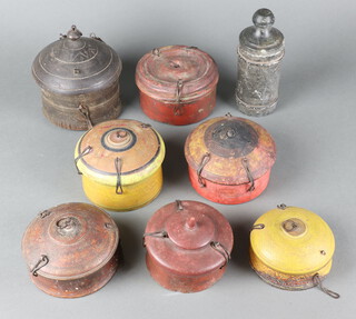 An Eastern cylindrical turned hardstone jar and cover 17cm x 6cm and 7 various Eastern turned wooden trinket boxes with hinged lids 