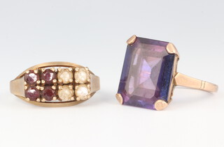 A 9ct yellow gold amethyst dress ring size K and a 9ct  paste and gem set ring size N, 9.1 grams 