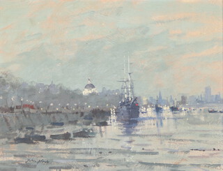 John Neale, oil on board signed, "The Discovery at Her Moorings on The Thames" 34cm x 44cm 