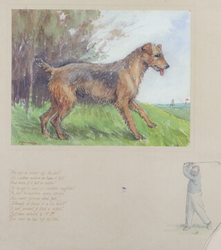 Geoffrey Sparrow (1887-1969), watercolour, study of a Terrier on a golf course "Joe" with script and golfing vignette 22cm x 29cm 