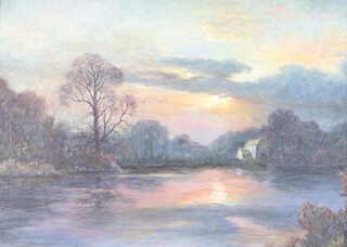 Burden, oil on board, river scene at sunset 49cm x 69cm 