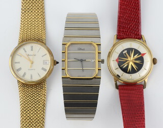 A gentleman's vintage gilt cased Starlite wristwatch with gilt revolving star hands and red tipped arrows and minute markers (dial is scratched) and 2 other watches 