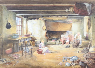 FGG, 19th Century  watercolour, monogrammed and dated 1877, study of an interior scene with a young girl and lobster pot maker 44cm x 62cm 