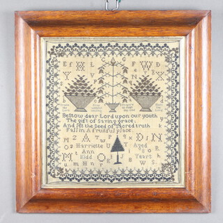 Early 19th Century sampler with verse, baskets of fruit and trees by Harriet Anne Kidd aged 8 years 30cm x 27cm 