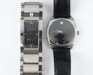 A gentleman's steel cased Movado wristwatch with black dial number 84F41342 with automatic movement 35mm, a rectangular steel ditto and bracelet both boxed 