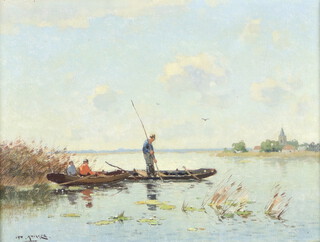 Jan Simon Nikker I (1889-1957) oil on canvas, riverscape with fisherman 29cm x 39cm