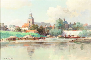 Jan Simon Nikker I (1889-1957), oil on canvas, riverscape with distant church and boats 39cm x 59cm 