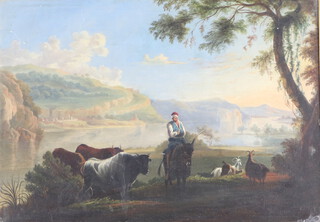 19th Century Continental oil on board of a man on horseback with cattle and goat in an extensive landscape 30cm x 43cm 