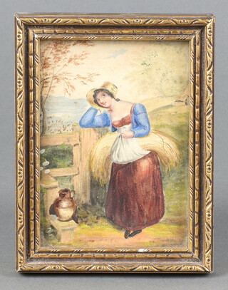 An 18th Century watercolour of a standing lady with sheath of corn by a stile 10cm x 7cm, 