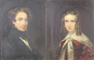 A pair of 19th Century oil paintings, portraits of a young lady and gentleman, unsigned, 24cm x 19cm