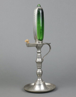 An 18th Century style pewter and green glass whale oil lamp clock 35cm h x 13cm w 