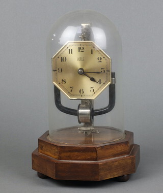 A Bulle electric clock with octagonal silvered dial, Roman numerals, complete with glass dome 26cm 