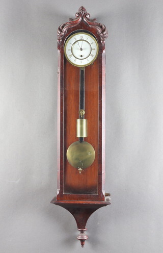 A 19th Century Continental "regulator" style wall timepiece with 11cm enamelled dial, Roman numerals, contained in a carved mahogany case complete with pendulum and key 91cm h 