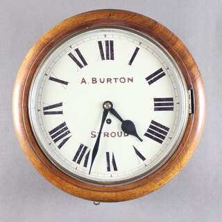 A fusee gut driven wall clock, the 30cm painted dial marked A Burton of Stroud, complete with pendulum and key 