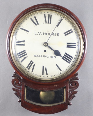 A Victorian single fusee gut driven drop dial wall clock, the 29cm painted dial painted Roman numerals marked L.V. Holmes Wallington and with convex glass, the reverse with 11cm back plate, complete with pendulum (no key) 48cm h x 38cm diam. 