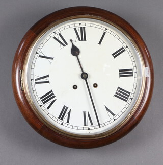 A striking wall clock with 30cm painted dial contained in a mahogany case 37cm complete with pendulum and key 