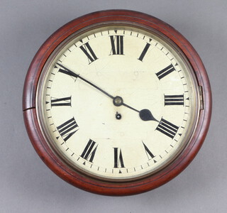 A fusee gut driven wall clock, the 29cm painted dial with Roman numerals, having an 11 1/2 cm plain back plate contained in a mahogany case, complete with pendulum (no key)