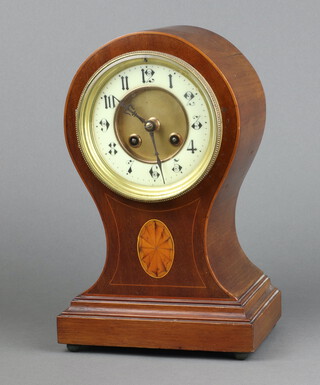A 19th Century Japy Freres  French 8 day striking mantel clock with enamelled dial, Arabic numerals, contained in an inlaid mahogany balloon shaped case, back plated marked 69942, complete with pendulum and key 29cm 
