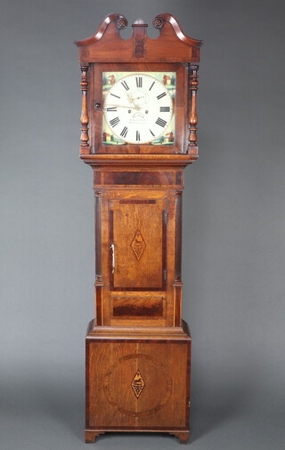 Williams of Dolgelley, an 18th/19th Century  8 day striking long case clock, the 36cm painted dial with subsidiary second hand, calendar aperture and spandrels pained cottages, contained in an oak case complete with pendulum, weights and key 216cm h 