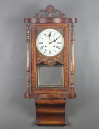 A 19th Century American striking on gong wall clock with 21cm painted dial, Roman numerals, contained in an inlaid mahogany case supported by 2 columns, complete with key  89cm h x 39cm w x 15cm d 