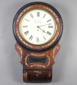 A Victorian fusee gut driven drop dial wall clock, the 30cm painted dial with Roman numerals marked Peter Brown Carshalton and having an 11cm plain back plate, contained in an inlaid mother of pearl  mahogany case, complete with pendulum and key 