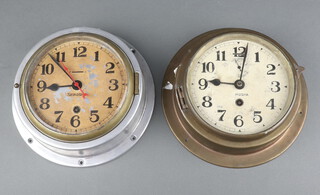 Seikosha, a Japanese ward room style clock, the 15cm dial with Arabic numerals contained in a chrome case, clock is currently running, together with a ditto contained in a gilt metal case (not running)