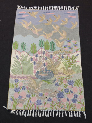 A rectangular Kashmir stitch work panel decorated birds in landscape 138cm x 87cm 