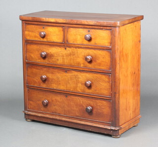 A Victorian mahogany bow front chest of 2 short and 3 long drawers, raised on bun feet 101cm h  x 102cm w c 47cm d 
