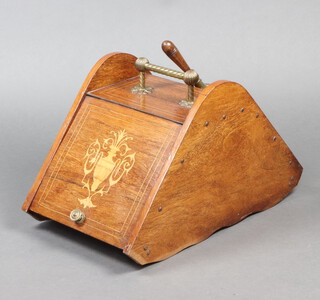 An Edwardian inlaid mahogany wedge shaped coal box complete with brass shovel and zinc lining 34cm h x 57cm w x 32cm d 