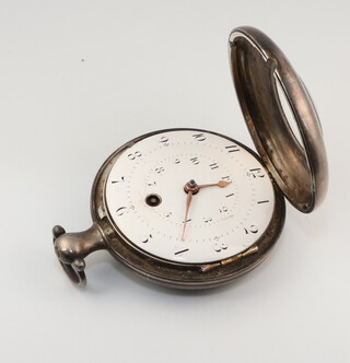 A Georgian silver half hunter pocket watch with key wind mechanism and keyhole at 6 o'clock, white enamelled dial, the movement inscribed Richd Milner York AD1812, with fancy engraved cock with mythical mask, rubbed marks, 50mm 