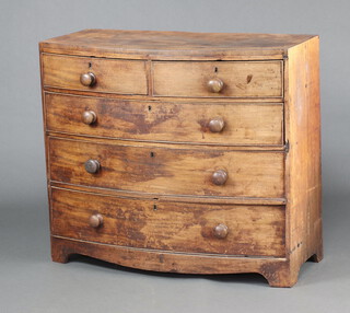 A 19th Century bleached mahogany bow front chest of 2 short and 3 long drawers with turned handles, raised on bracket feet 91cm h x 105cm w x 48cm d 